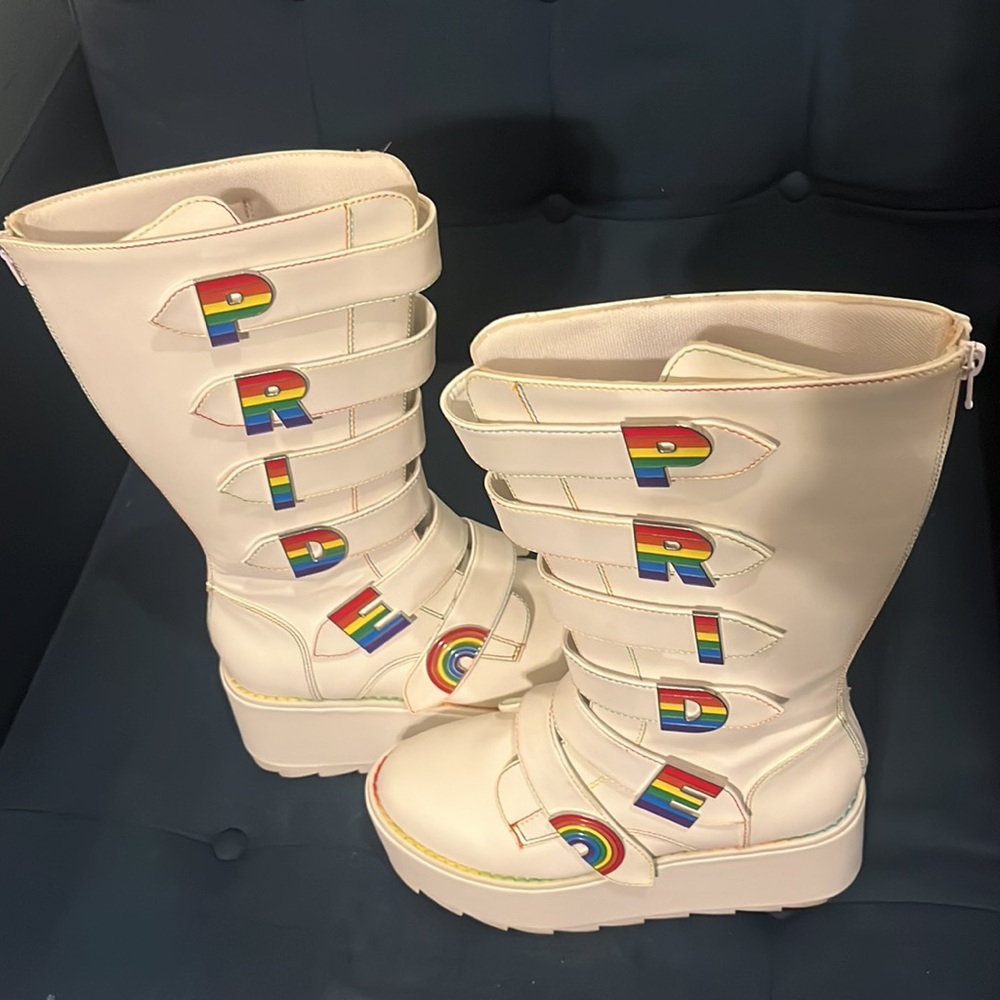Y.R.U. Karma HI Pride White Platform Boots Rainbow Rave Size 8 - Picture 5 of 14